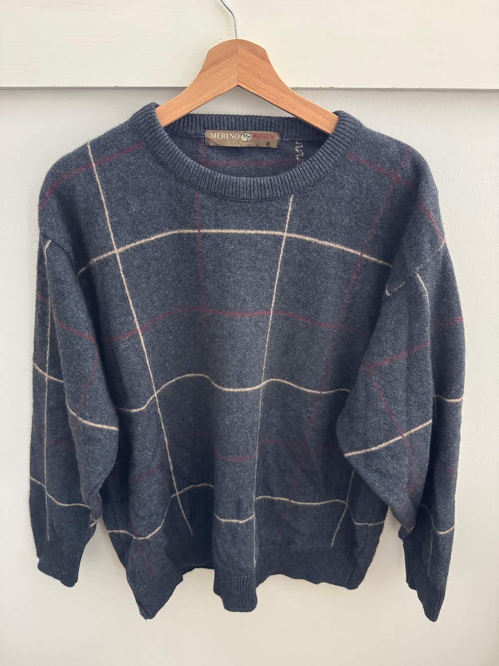 New Zealand Merino Possum Wool Sweater Mens Medium Windowpane Knit Made in NZ